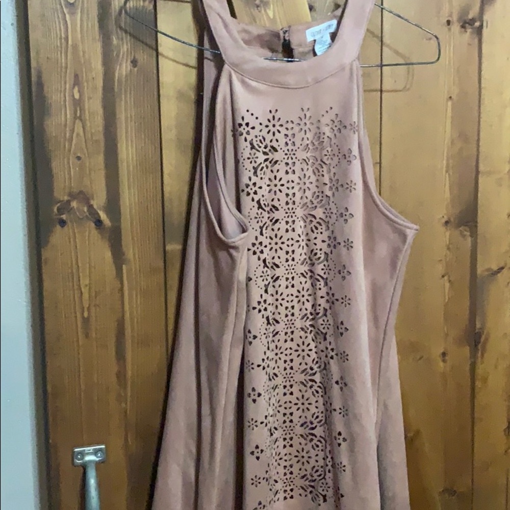 Peach, suede? Tank top.